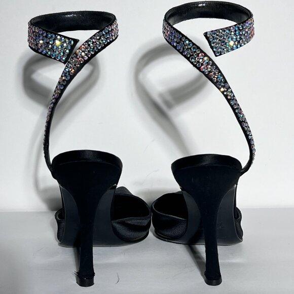Sergio Rossi Swarovski Crystal Ankle Wrap High Heel Black Satin Shoe Sz 38 - Picture 4 of 15
